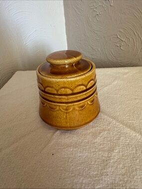 Homer Laughlin Yellow-Brown Stoneware Covered Jar